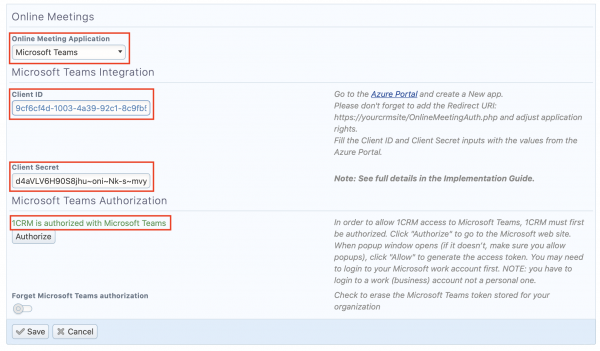 Online Meetings Panel of the Company Information Screen in Admin