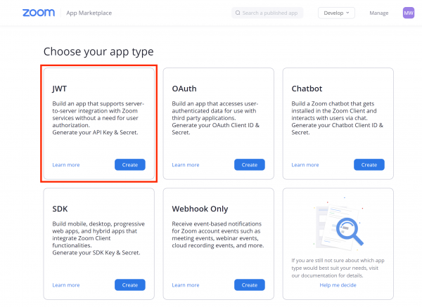 Create a JWT App Type in the Zoom Marketplace