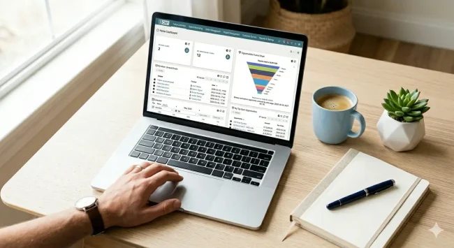 Small business owner reviewing CRM pipeline and order management dashboard on laptop