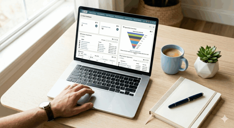 Small business owner reviewing CRM pipeline and order management dashboard on laptop