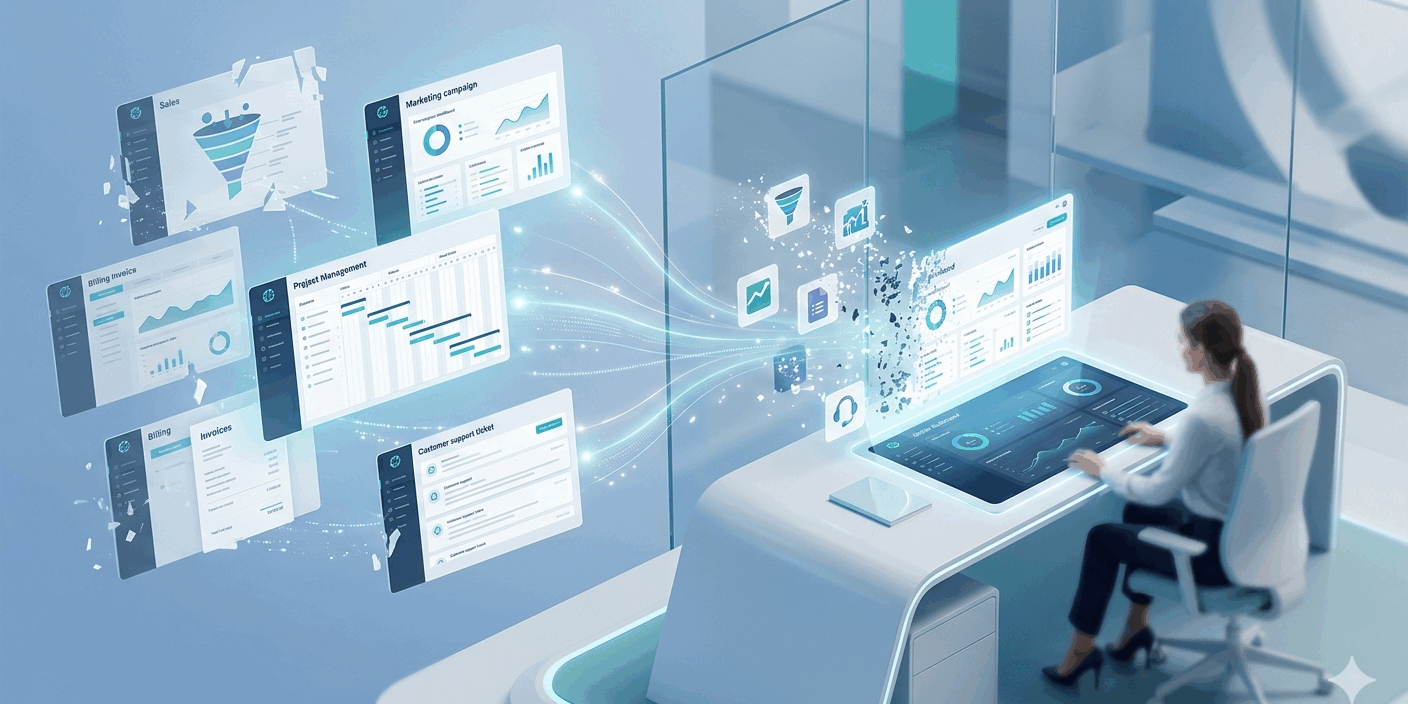 hero image for blog showing many systems compiling into one