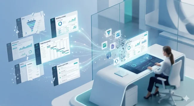 hero image for blog showing many systems compiling into one