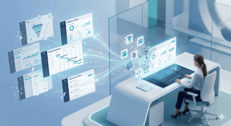 hero image for blog showing many systems compiling into one